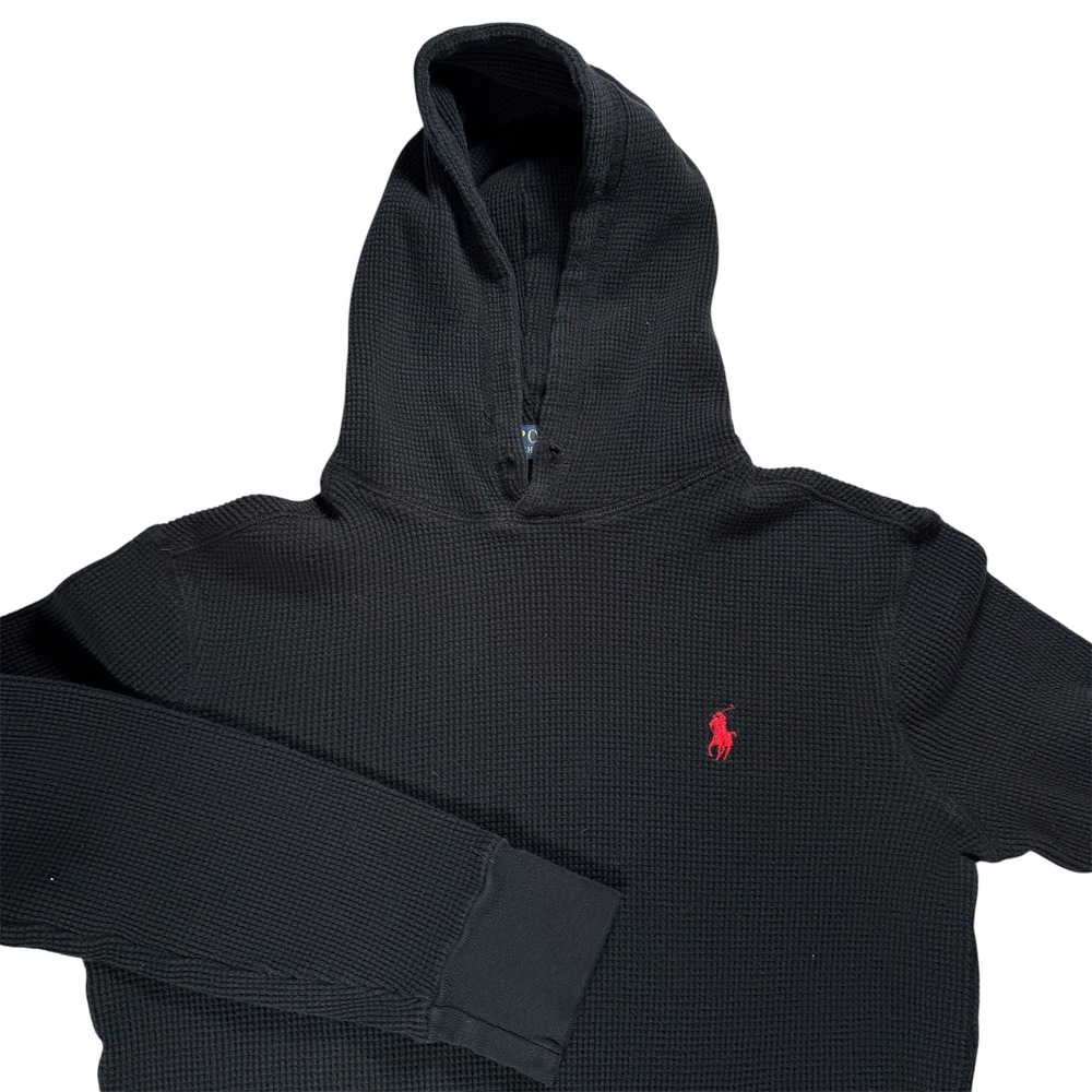 Polo Ralph Lauren Mens Black Waffle Knit Hoodie Red Pony‎ Logo Size Small